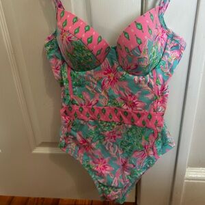 Lilly Pulitzer Pink and Green Floral one piece bathing suit.